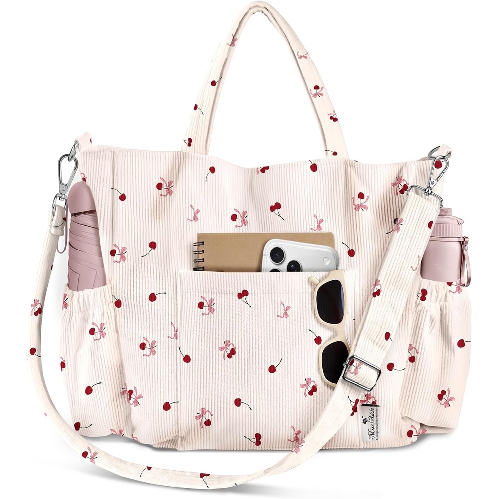 image:imageMiss Adola Crossbody Corduroy Tote Bag for Women Large Tote Bag with MultiPockets and Zipper for Travel WorkCherrybow