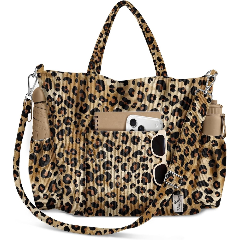 image:imageMiss Adola Crossbody Corduroy Tote Bag for Women Large Tote Bag with MultiPockets and Zipper for Travel WorkClassic Leopard Print