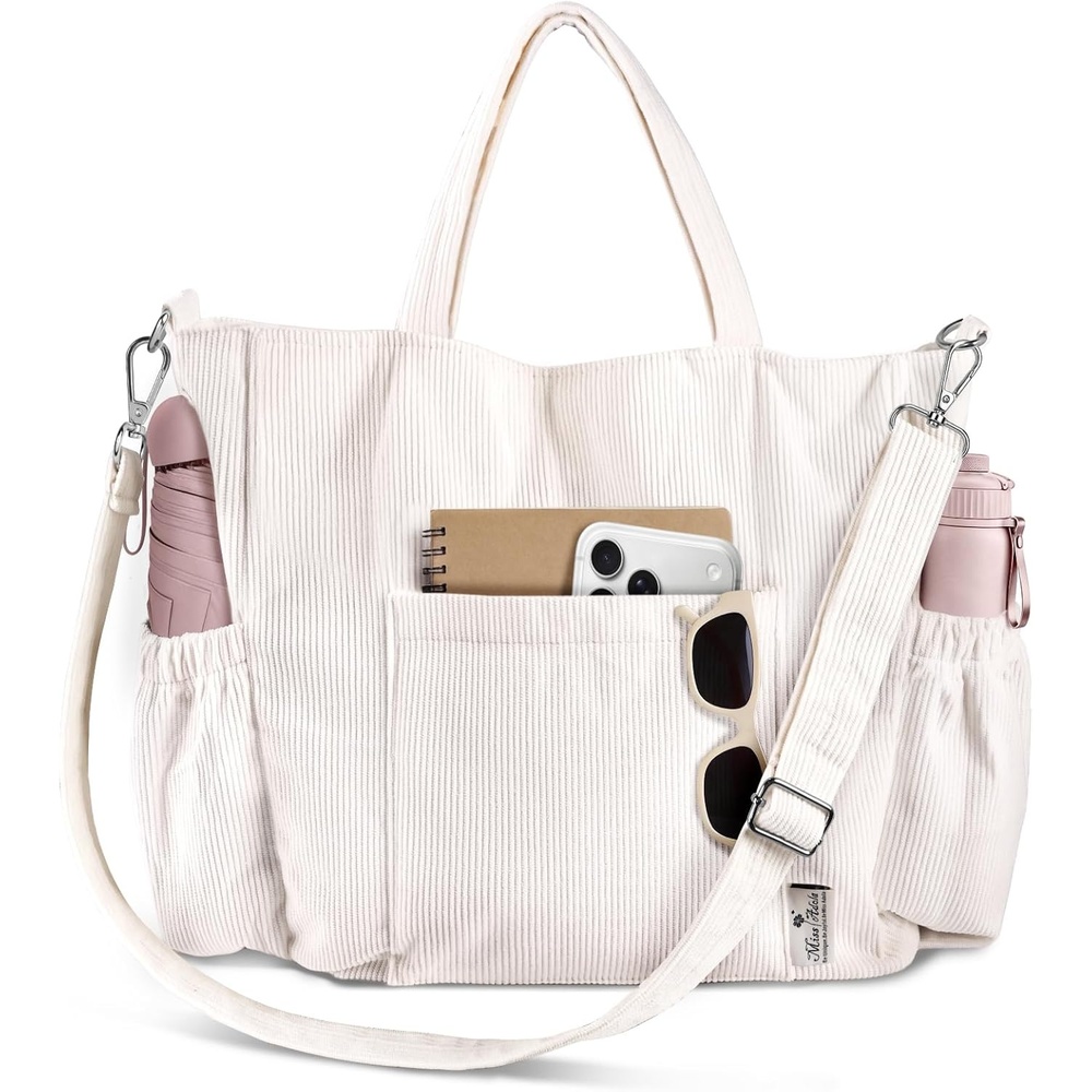 image:imageMiss Adola Crossbody Corduroy Tote Bag for Women Large Tote Bag with MultiPockets and Zipper for Travel WorkCreamwhite