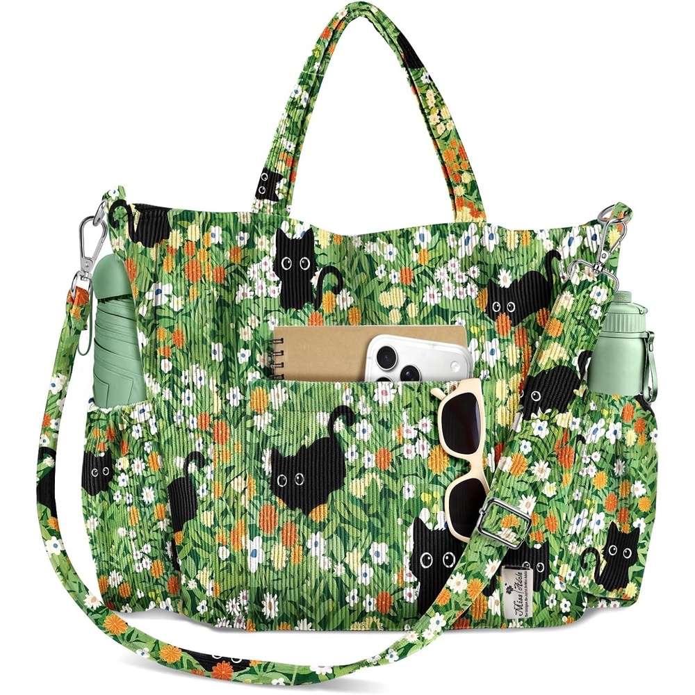 image:imageMiss Adola Crossbody Corduroy Tote Bag for Women Large Tote Bag with MultiPockets and Zipper for Travel WorkFloralcats