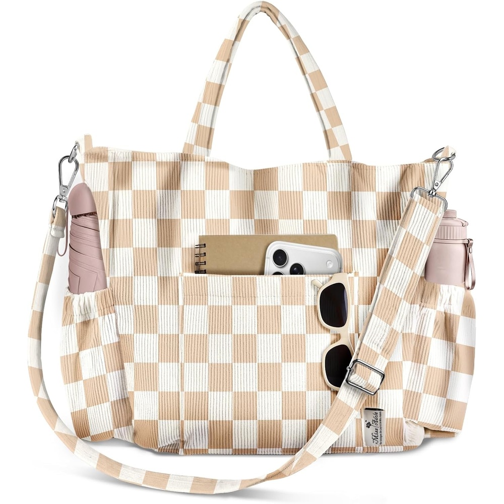 image:imageMiss Adola Crossbody Corduroy Tote Bag for Women Large Tote Bag with MultiPockets and Zipper for Travel WorkKhakicheckered