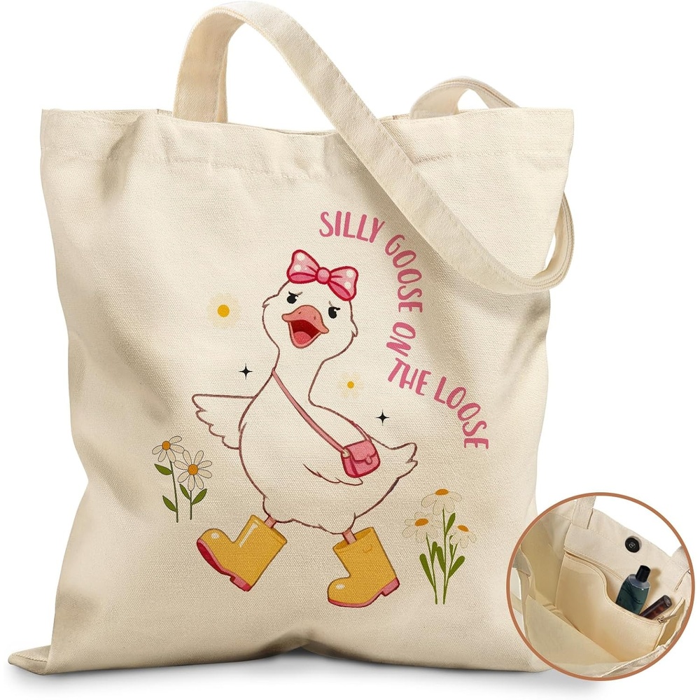 image:imageMiss Adola Cute Canvas Tote Bag for Women Girls Animal Lover Aesthetic Bags with Magnetic Buckle and Zipper Inner PocketGoose