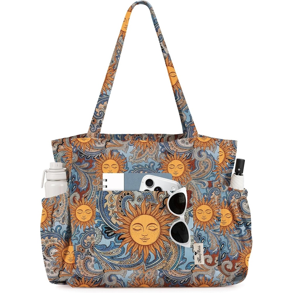 image:imageMiss Adola Cute Corduroy Tote Bag for Women Large Capacity MultiPocket Shoulder Bag with ZipperBoho Sun