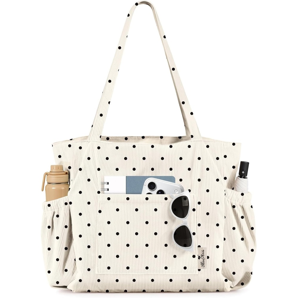 image:imageMiss Adola Cute Corduroy Tote Bag for Women Large Capacity MultiPocket Shoulder Bag with ZipperPolka Dot