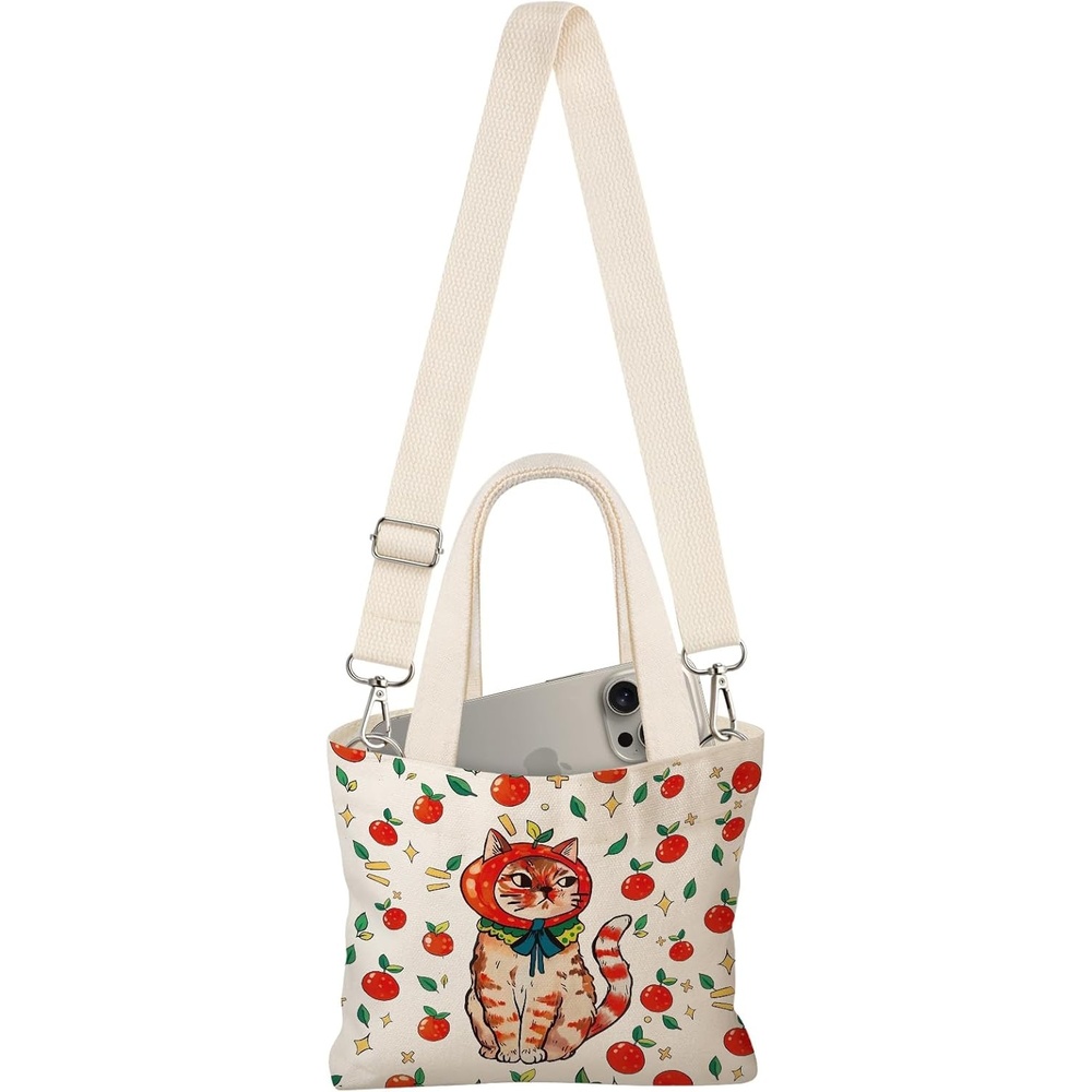 image:imageMiss Adola Cute Mini Canvas Tote Bag for Kids Aesthetic Bags Size 8 6 Magnetic Buckle for Kids Girls Cloth CottonApple Cat