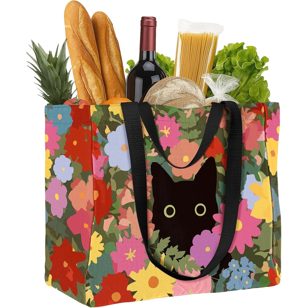 image:imageMiss Adola Extra Large Canvas Grocery Tote Bag Reusable Washable Shopping Shoulder Bag with Inner Pockets amp Handle StrapsCat Floral