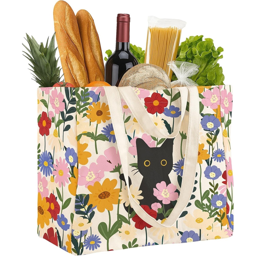 image:imageMiss Adola Extra Large Canvas Grocery Tote Bag Reusable Washable Shopping Shoulder Bag with Inner Pockets amp Handle StrapsCat Flowers