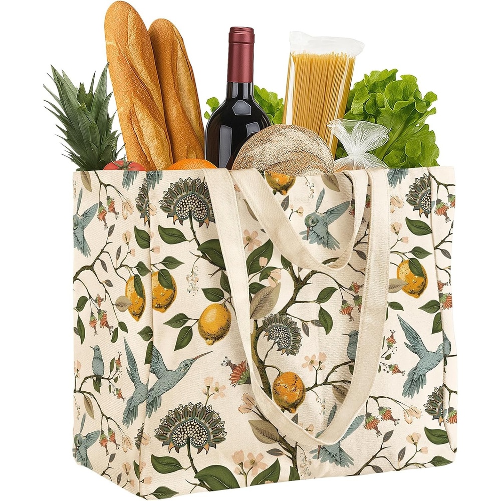 image:imageMiss Adola Extra Large Canvas Grocery Tote Bag Reusable Washable Shopping Shoulder Bag with Inner Pockets amp Handle StrapsLemon Birds