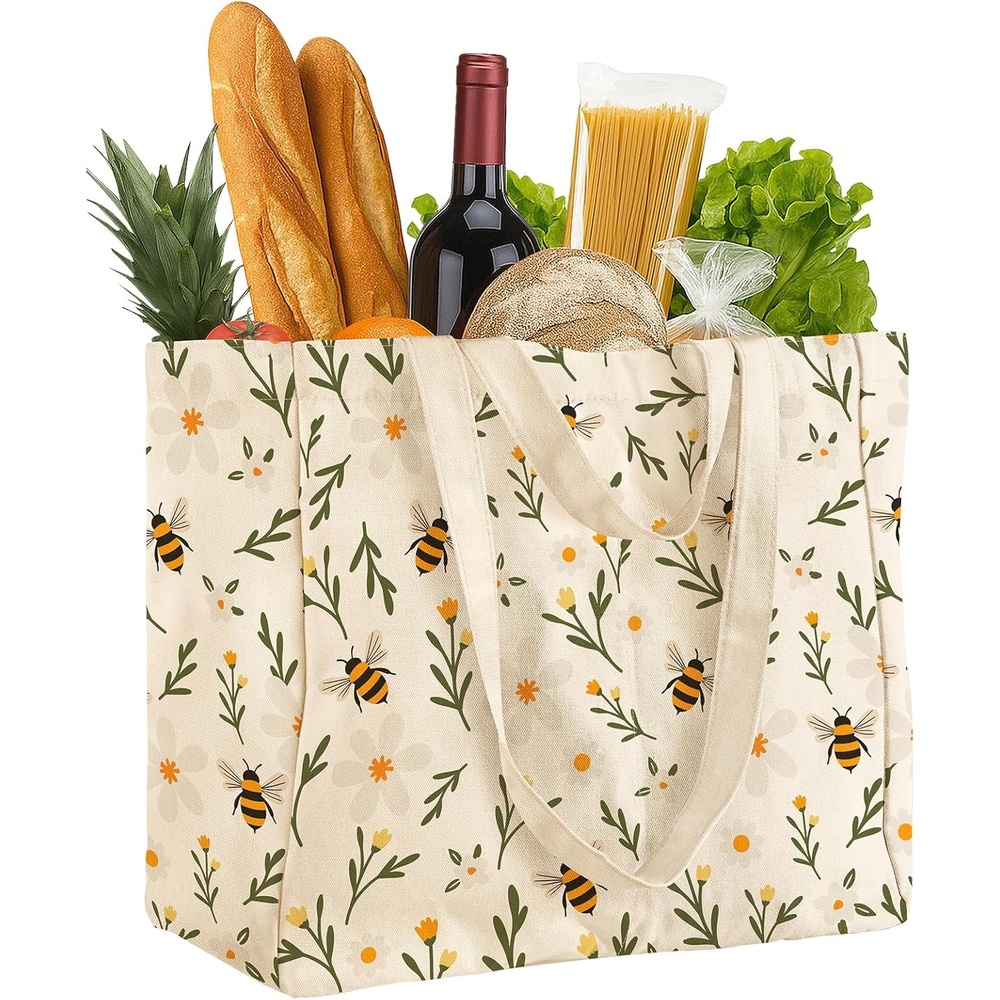 image:imageMiss Adola Extra Large Canvas Grocery Tote Bag Reusable Washable Shopping Shoulder Bag with Inner Pockets amp Handle StrapsWild Flowers Bee