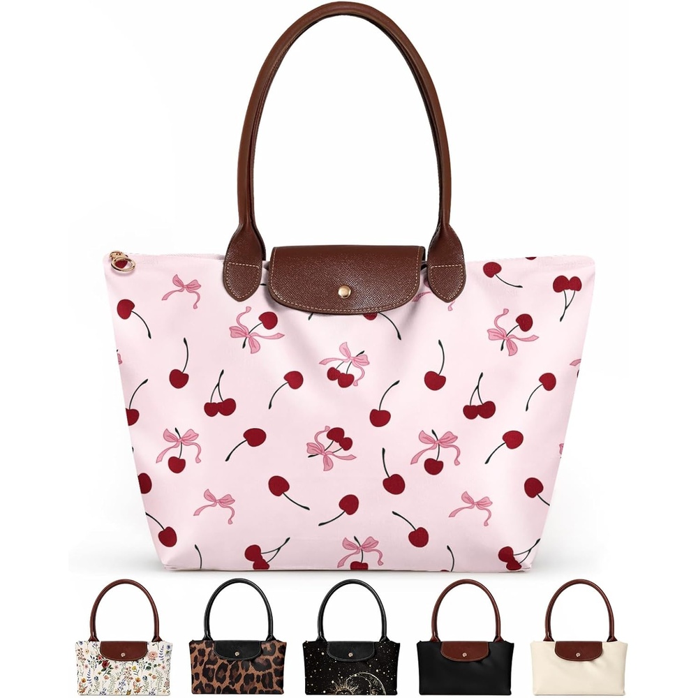 image:imageMiss Adola Nylon Tote Bag for Women Lightweight Foldable Tote Bag with Large Capacity for Travel Work TeacherCherry Bow