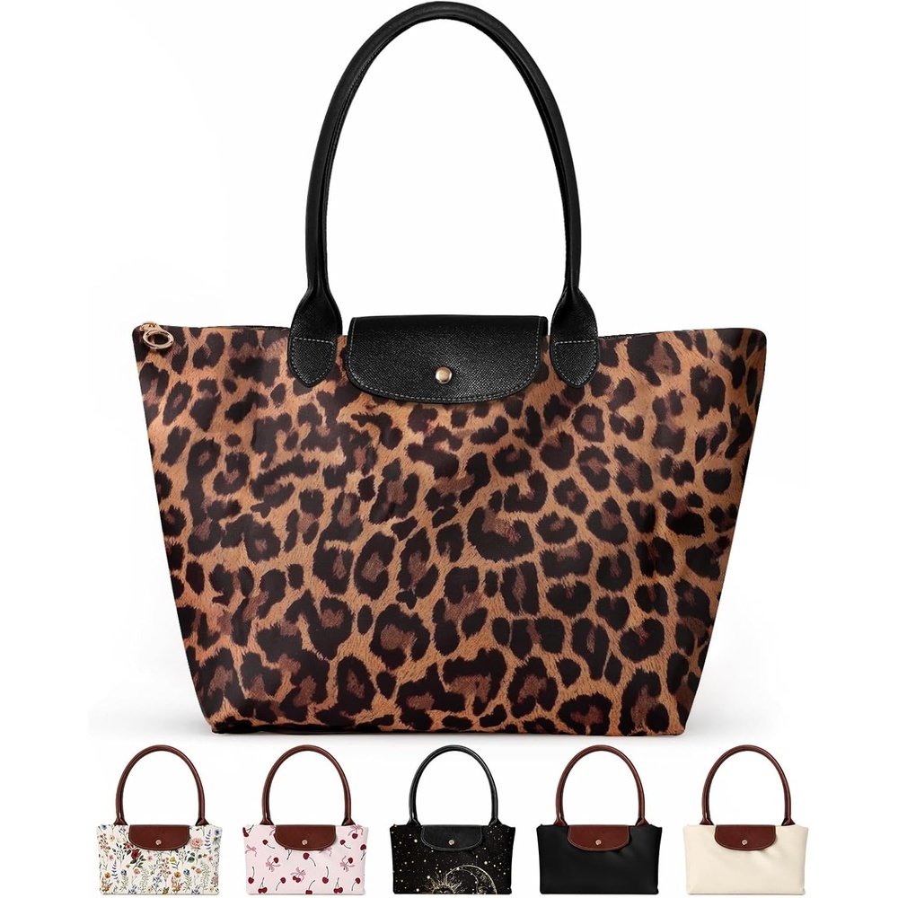 image:imageMiss Adola Nylon Tote Bag for Women Lightweight Foldable Tote Bag with Large Capacity for Travel Work TeacherLeopard