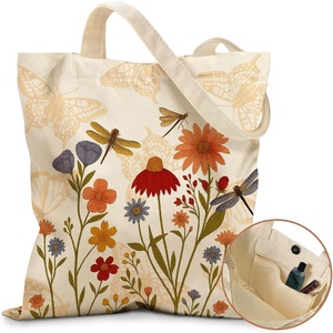 image:imageMiss Adola Aesthetic Canvas Tote Bag for Women  with Magnetic Buckle and Zipper Inner Pocket for Teen Girls Lady Cute Vintage Cloth Cotton Tote Bags for for Travel Shopping Dragonfly Flower