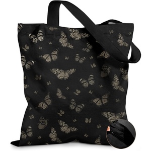 image:imageMiss Adola Canvas Tote Bag for Women  Aesthetic Canvas Bag with Zipper Cute Stylish Reusable Shoulder Totes for Shopping Work Daily Vacation Bianfu FlowerBlack Butterfly
