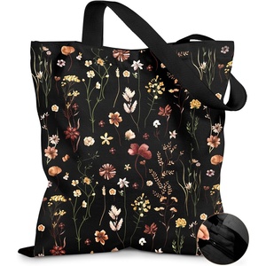 image:imageMiss Adola Canvas Tote Bag for Women  Aesthetic Canvas Bag with Zipper Cute Stylish Reusable Shoulder Totes for Shopping Work Daily Vacation Bianfu FlowerBlack Grow Flower