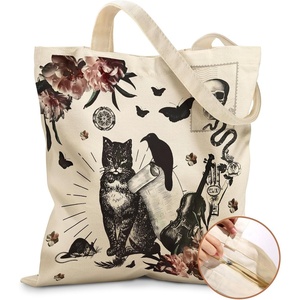image:imageMiss Adola Canvas Tote Bag for Women  Aesthetic Canvas Bag with Zipper Cute Stylish Reusable Shoulder Totes for Shopping Work Daily Vacation Bianfu FlowerCrow Cat