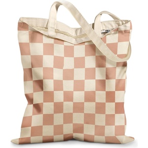 image:imageMiss Adola Canvas Tote Bag with Zipper  Cute Canvas Bags for Women Aesthetic Design Reusable Totes for Shopping Work TravelKhaki Plaid