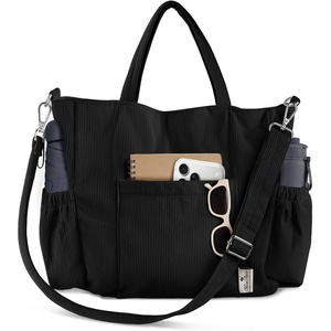 image:imageMiss Adola Crossbody Corduroy Tote Bag for Women Large Tote Bag with MultiPockets and Zipper for Travel WorkBlack