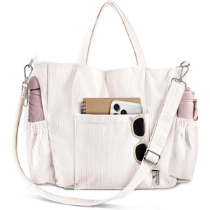 image:imageMiss Adola Crossbody Corduroy Tote Bag for Women Large Tote Bag with MultiPockets and Zipper for Travel WorkCreamwhite