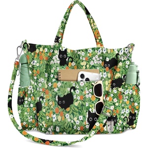 image:imageMiss Adola Crossbody Corduroy Tote Bag for Women Large Tote Bag with MultiPockets and Zipper for Travel WorkFloralcats