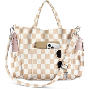 image:imageMiss Adola Crossbody Corduroy Tote Bag for Women Large Tote Bag with MultiPockets and Zipper for Travel WorkKhakicheckered