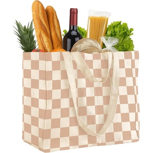 image:imageMiss Adola Extra Large Canvas Grocery Tote Bag  Reusable Washable Shopping Shoulder Bag with Inner Pockets amp Handle StrapsBeige Plaid