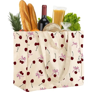 image:imageMiss Adola Extra Large Canvas Grocery Tote Bag  Reusable Washable Shopping Shoulder Bag with Inner Pockets amp Handle StrapsCherry Bow