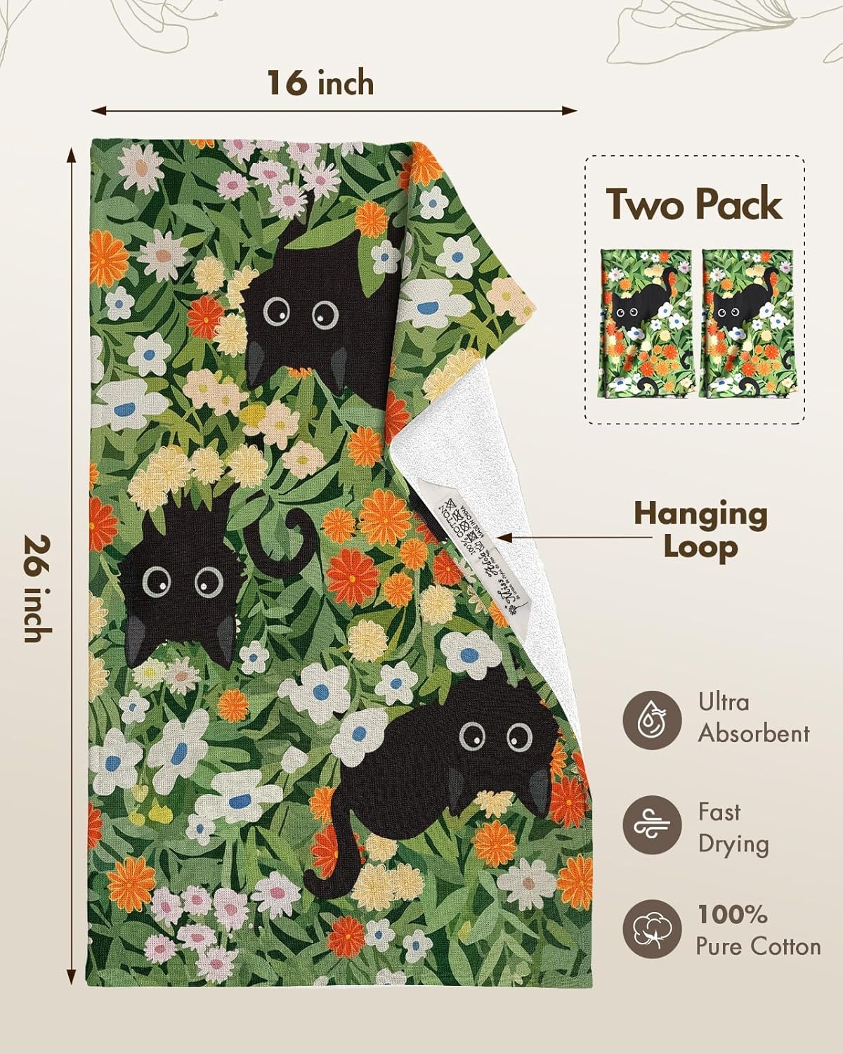 image:imageMiss Adola 3 Pack Cotton Kitchen Towels Cute Design 1626 Inch Dish Towels for Kitchen with Hanging Beige Floral Quick Dry Hand Towels Soft amp Absorbent Home Decorative Terry Cloth Tea TowelsBlack Cats