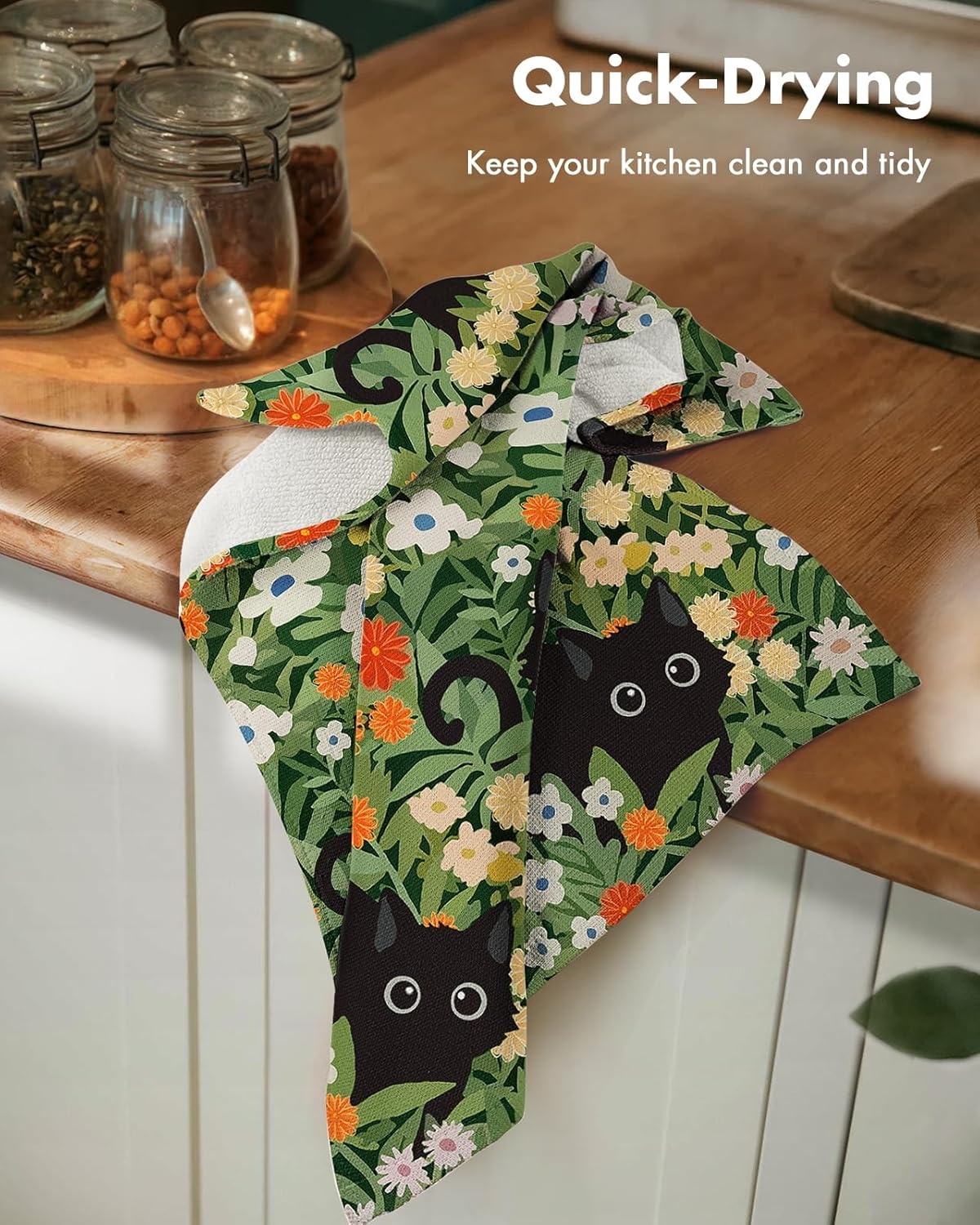 image:imageMiss Adola 3 Pack Cotton Kitchen Towels Cute Design 1626 Inch Dish Towels for Kitchen with Hanging Beige Floral Quick Dry Hand Towels Soft amp Absorbent Home Decorative Terry Cloth Tea TowelsBlack Cats