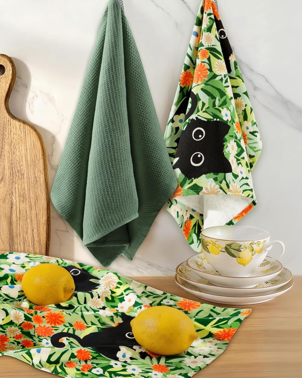 image:imageMiss Adola 3 Pack Cotton Kitchen Towels Cute Design 1626 Inch Dish Towels for Kitchen with Hanging Beige Floral Quick Dry Hand Towels Soft amp Absorbent Home Decorative Terry Cloth Tea TowelsBlack Cat