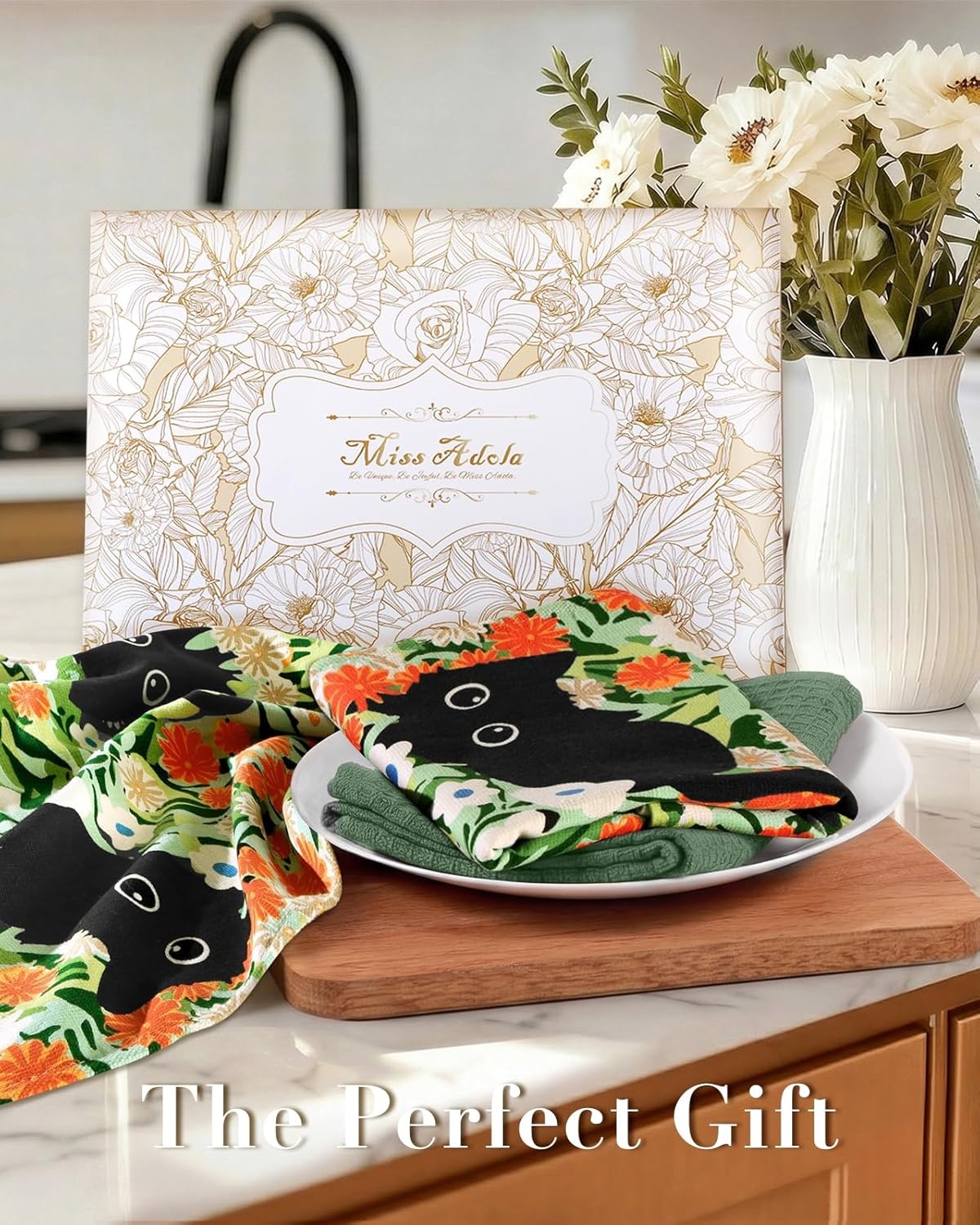 image:imageMiss Adola 3 Pack Cotton Kitchen Towels Cute Design 1626 Inch Dish Towels for Kitchen with Hanging Beige Floral Quick Dry Hand Towels Soft amp Absorbent Home Decorative Terry Cloth Tea TowelsBlack Cat