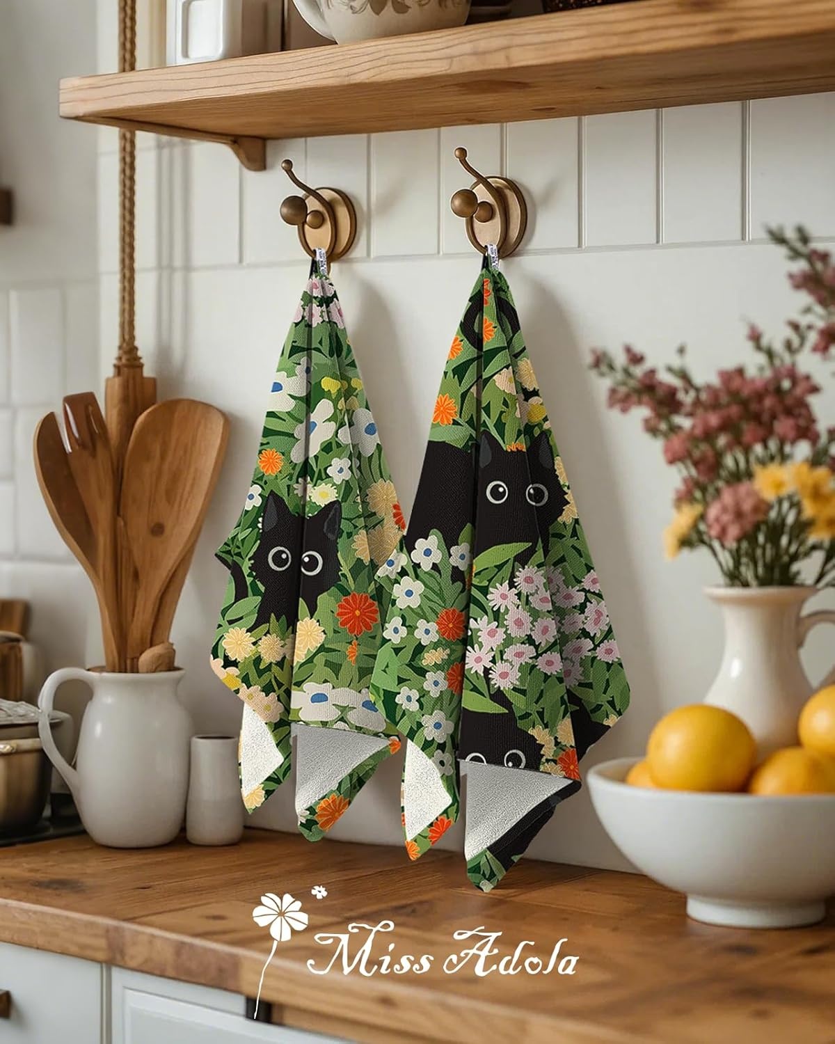 image:imageMiss Adola 3 Pack Cotton Kitchen Towels Cute Design 1626 Inch Dish Towels for Kitchen with Hanging Beige Floral Quick Dry Hand Towels Soft amp Absorbent Home Decorative Terry Cloth Tea TowelsBlack Cats