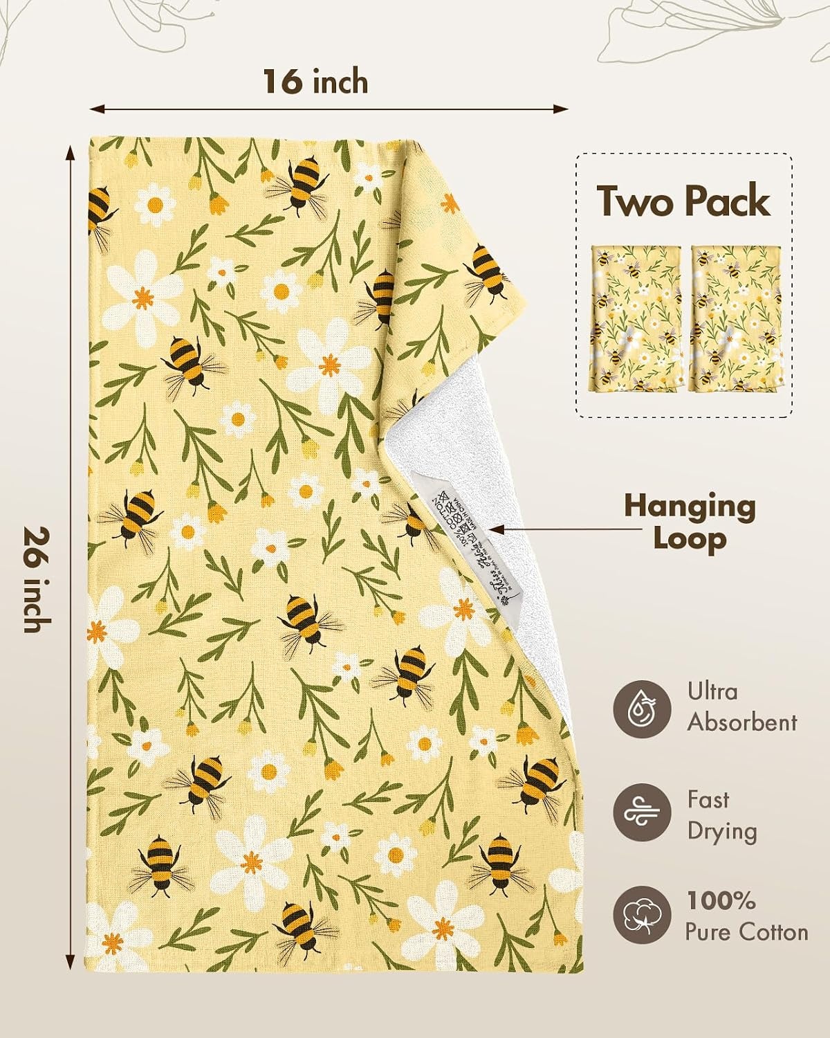image:imageMiss Adola 3 Pack Cotton Kitchen Towels Cute Design 1626 Inch Dish Towels for Kitchen with Hanging Beige Floral Quick Dry Hand Towels Soft amp Absorbent Home Decorative Terry Cloth Tea TowelsBee