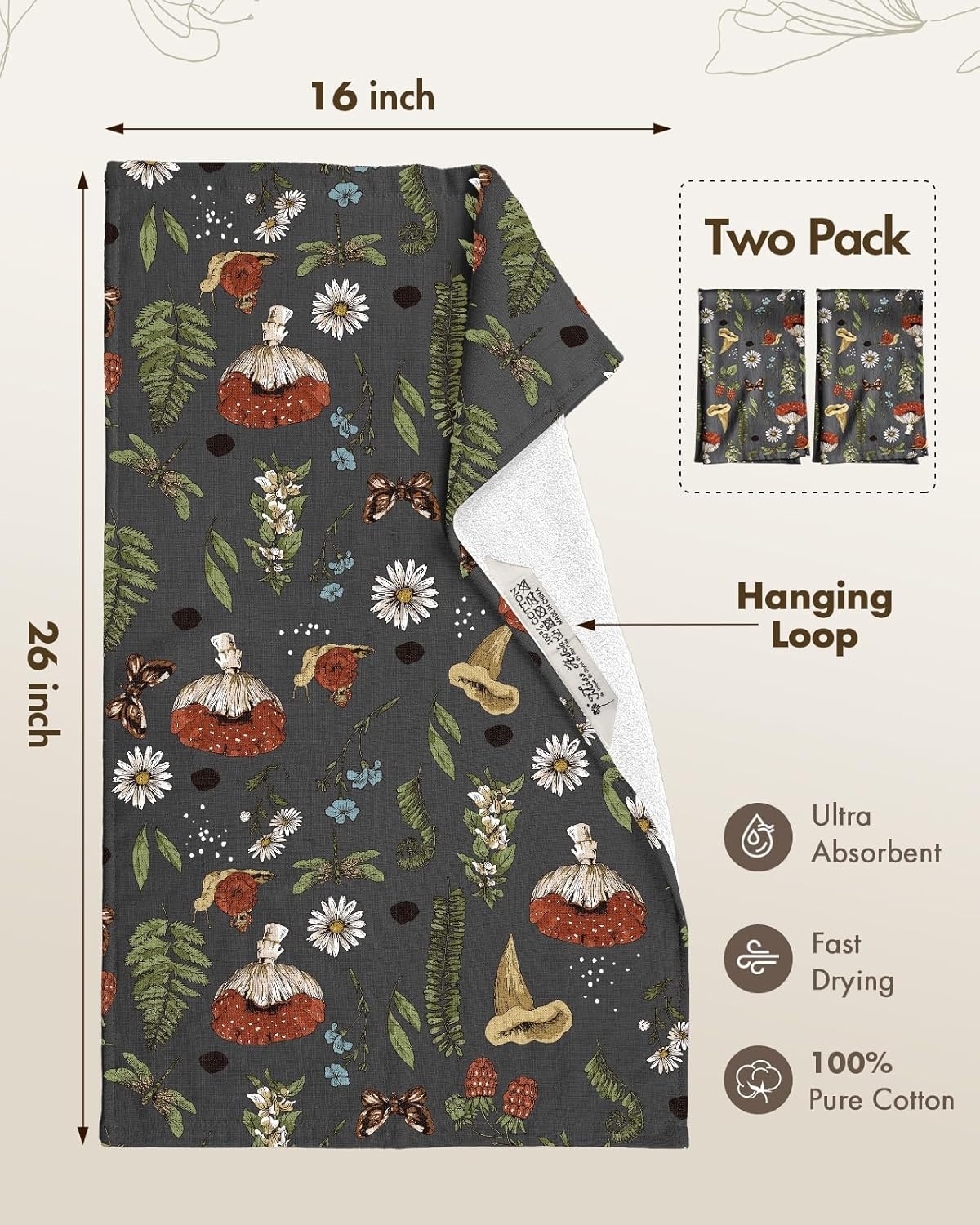 image:imageMiss Adola 3 Pack Cotton Kitchen Towels Cute Design 1626 Inch Dish Towels for Kitchen with Hanging Beige Floral Quick Dry Hand Towels Soft amp Absorbent Home Decorative Terry Cloth Tea TowelsMushroom