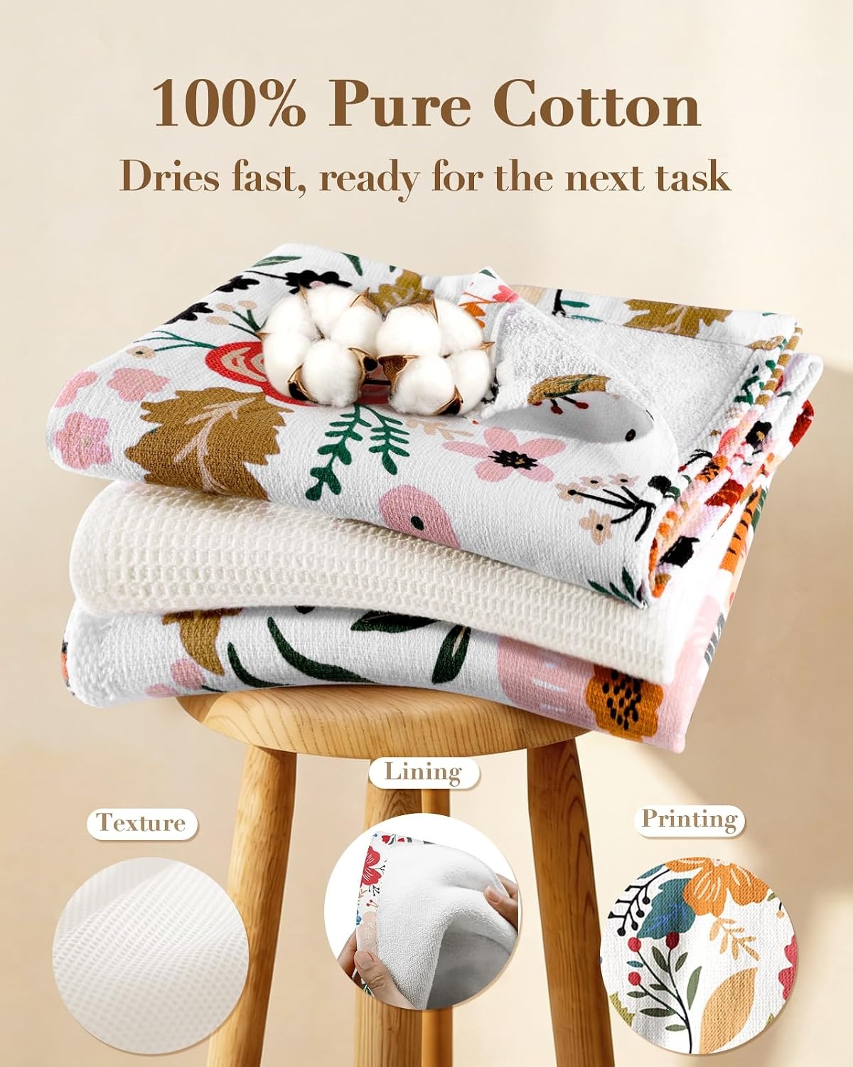 image:imageMiss Adola 3 Pack Cotton Kitchen Towels Cute Design 1626 Inch Dish Towels for Kitchen with Hanging Beige Floral Quick Dry Hand Towels Soft amp Absorbent Home Decorative Terry Cloth Tea TowelsBeige Floral