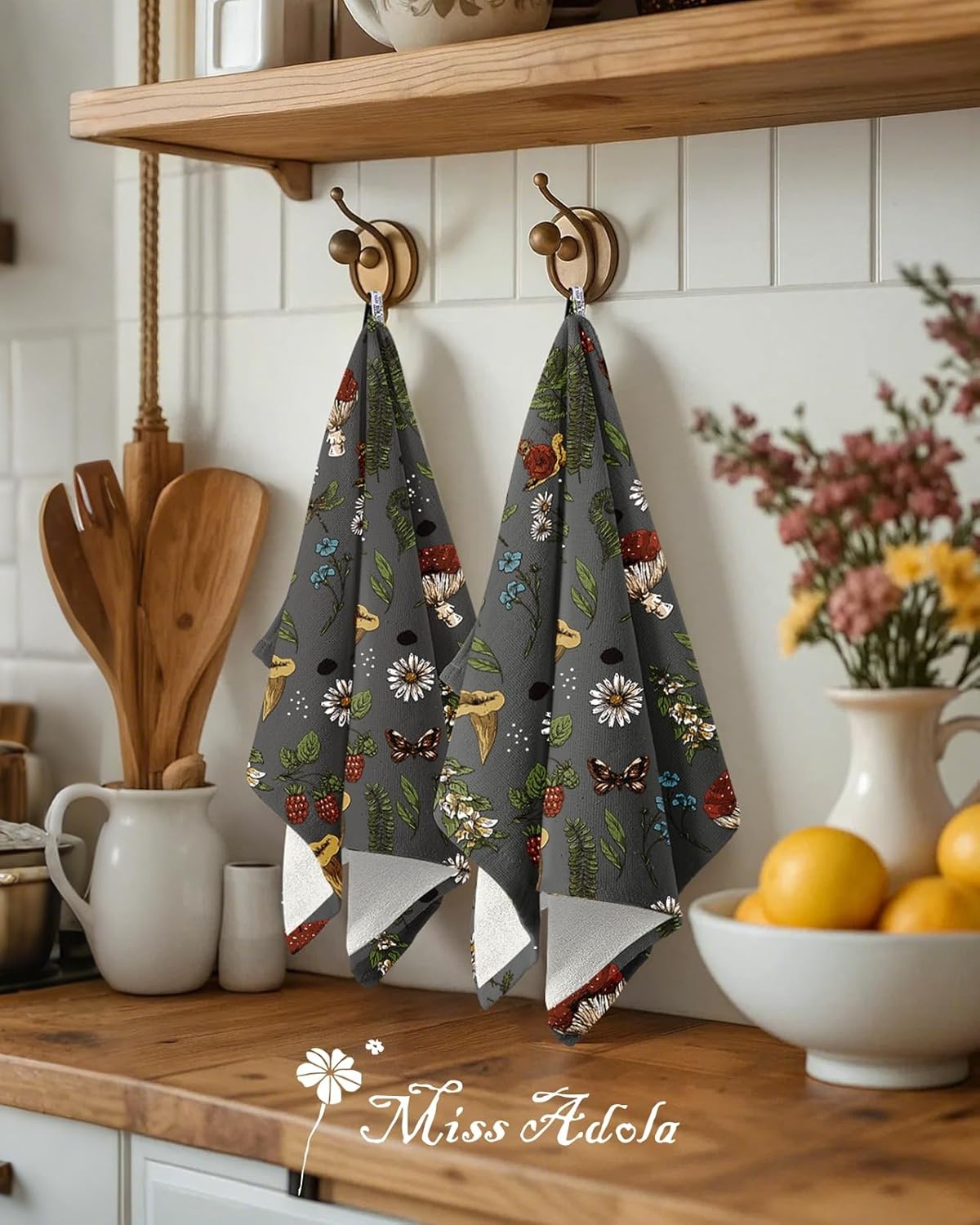 image:imageMiss Adola 3 Pack Cotton Kitchen Towels Cute Design 1626 Inch Dish Towels for Kitchen with Hanging Beige Floral Quick Dry Hand Towels Soft amp Absorbent Home Decorative Terry Cloth Tea TowelsMushroom