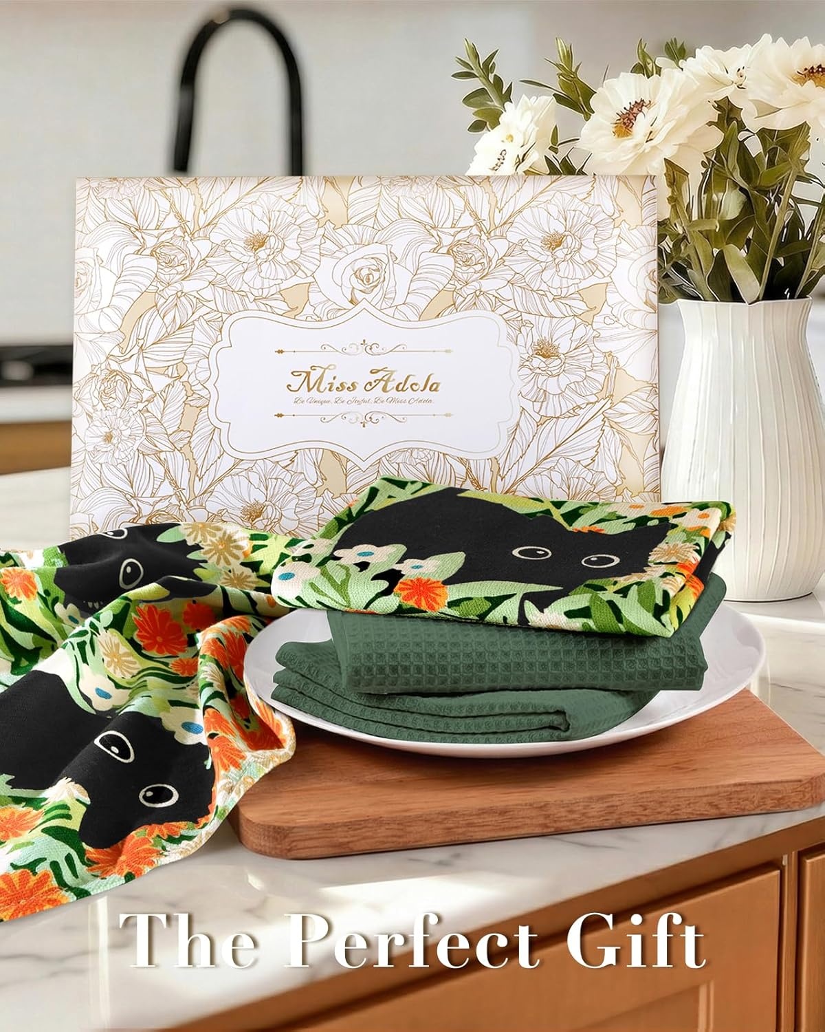 image:imageMiss Adola 3 Pack Cotton Kitchen Towels Cute Design 1626 Inch Dish Towels for Kitchen with Hanging Beige Floral Quick Dry Hand Towels Soft amp Absorbent Home Decorative Terry Cloth Tea TowelsBlack Cat