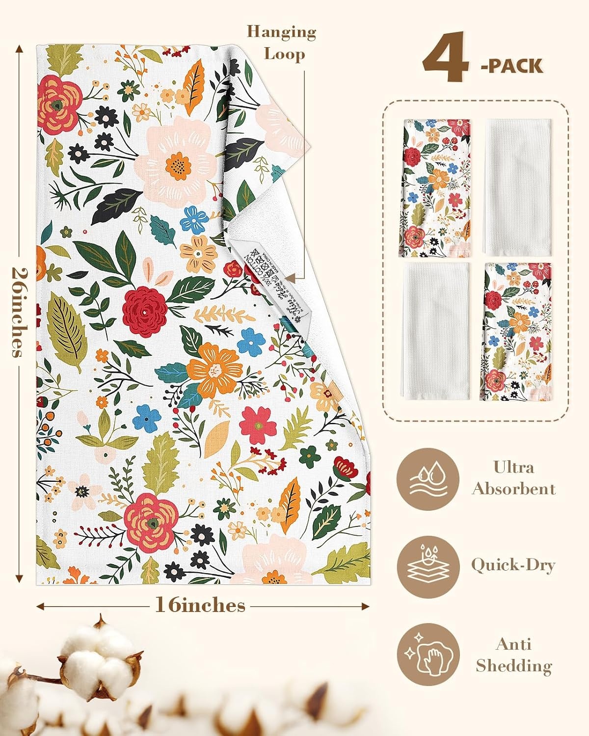 image:imageMiss Adola 4 Pack Cotton Kitchen Towels Cute Design 1626 Inch Dish Towels for Kitchen with Hanging Beige Floral Quick Dry Hand Towels Soft amp Absorbent Home Decorative Terry Cloth Tea TowelsBeige Floral