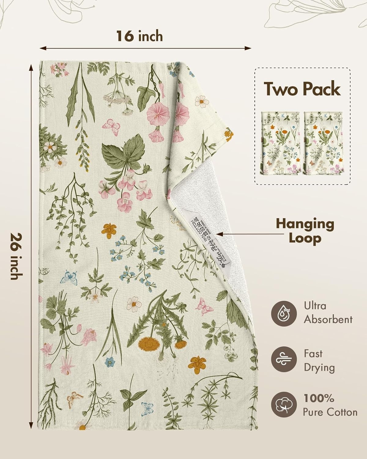 image:imageMiss Adola 4 Pack Cotton Kitchen Towels Cute Design 1626 Inch Dish Towels for Kitchen with Hanging Beige Floral Quick Dry Hand Towels Soft amp Absorbent Home Decorative Terry Cloth Tea TowelsLine Flower