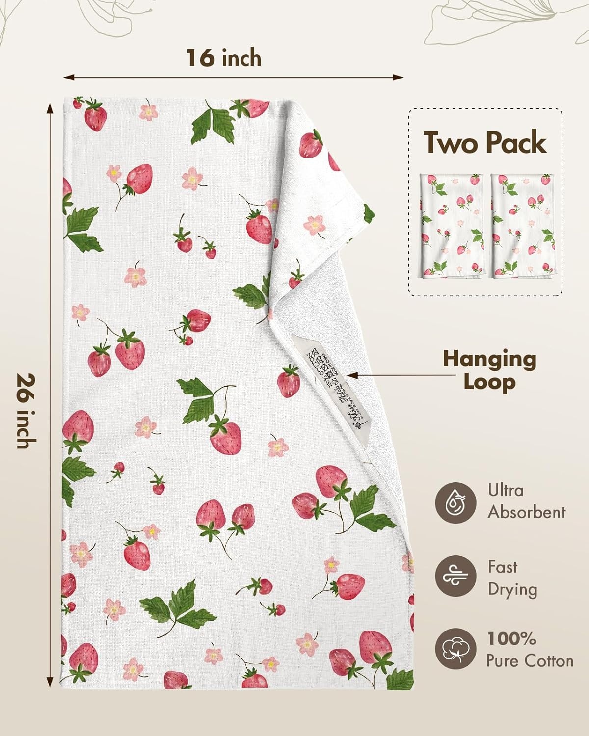 image:imageMiss Adola 4 Pack Cotton Kitchen Towels Cute Design 1626 Inch Dish Towels for Kitchen with Hanging Beige Floral Quick Dry Hand Towels Soft amp Absorbent Home Decorative Terry Cloth Tea TowelsStrawberry