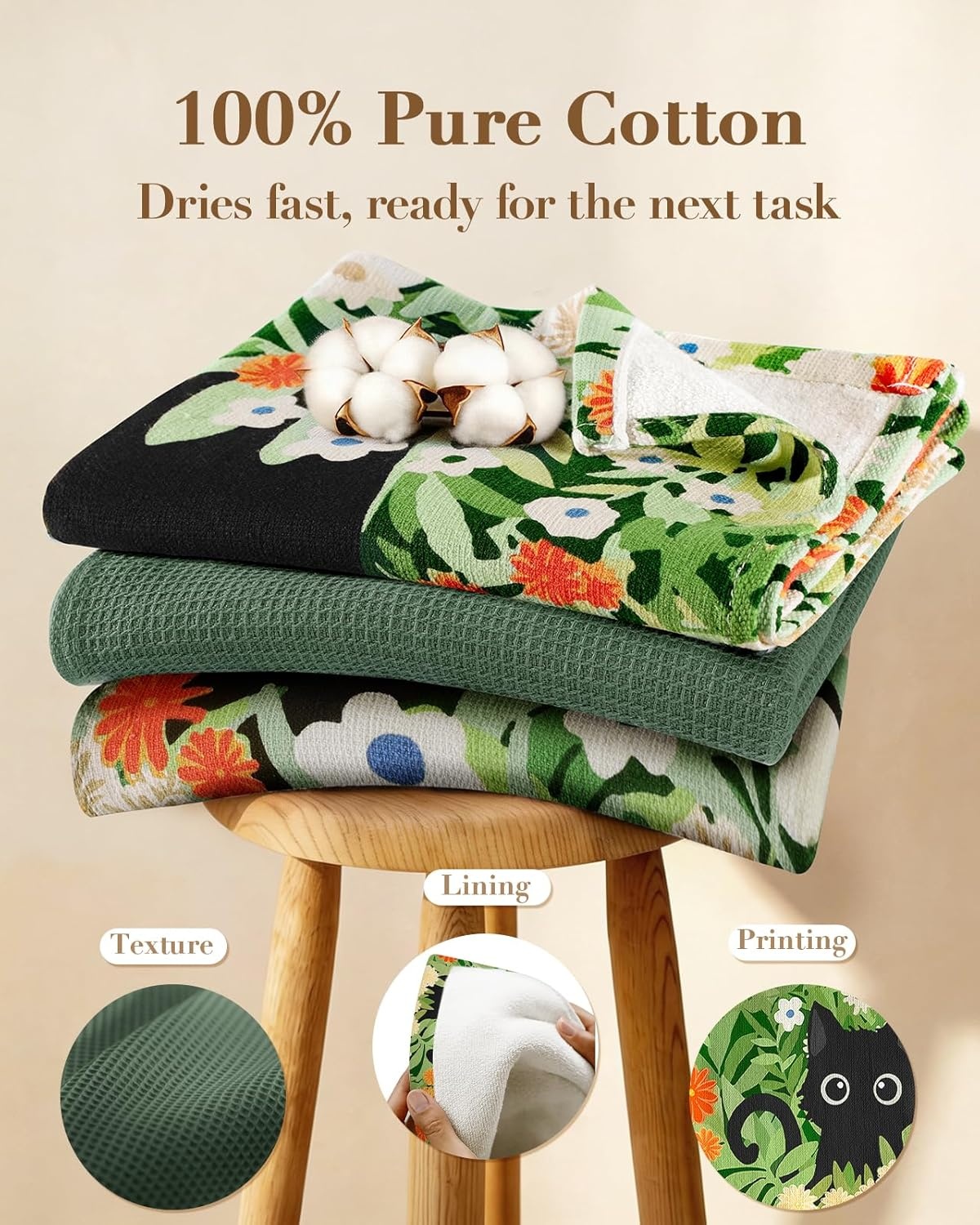 image:imageMiss Adola 4 Pack Cotton Kitchen Towels Cute Design 1626 Inch Dish Towels for Kitchen with Hanging Beige Floral Quick Dry Hand Towels Soft amp Absorbent Home Decorative Terry Cloth Tea TowelsBlack Cat