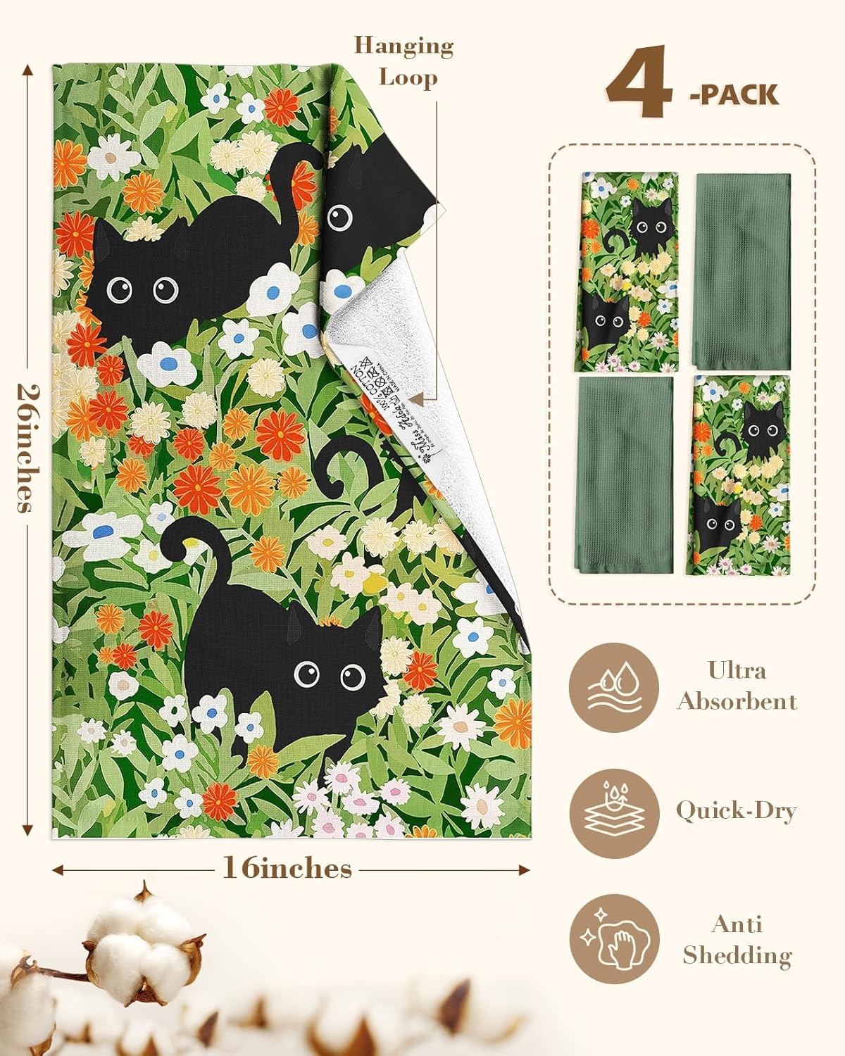 image:imageMiss Adola 4 Pack Cotton Kitchen Towels Cute Design 1626 Inch Dish Towels for Kitchen with Hanging Beige Floral Quick Dry Hand Towels Soft amp Absorbent Home Decorative Terry Cloth Tea TowelsBlack Cat