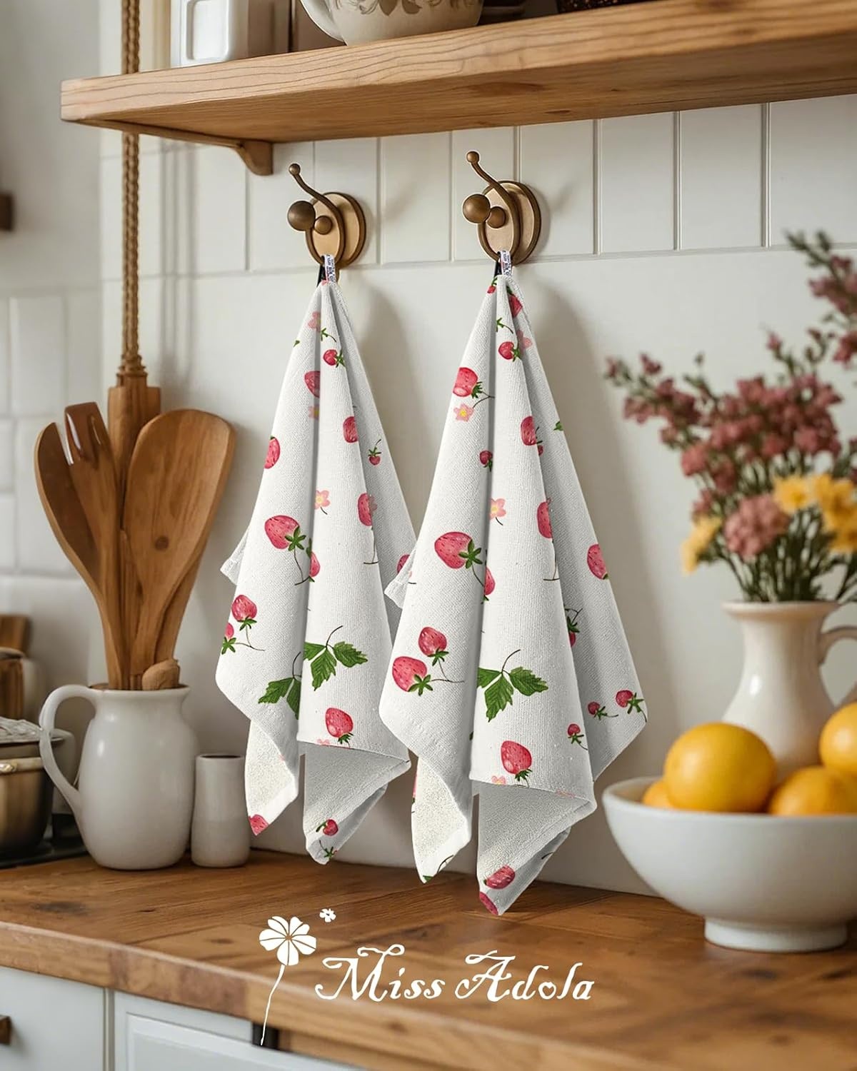image:imageMiss Adola 4 Pack Cotton Kitchen Towels Cute Design 1626 Inch Dish Towels for Kitchen with Hanging Beige Floral Quick Dry Hand Towels Soft amp Absorbent Home Decorative Terry Cloth Tea TowelsStrawberry