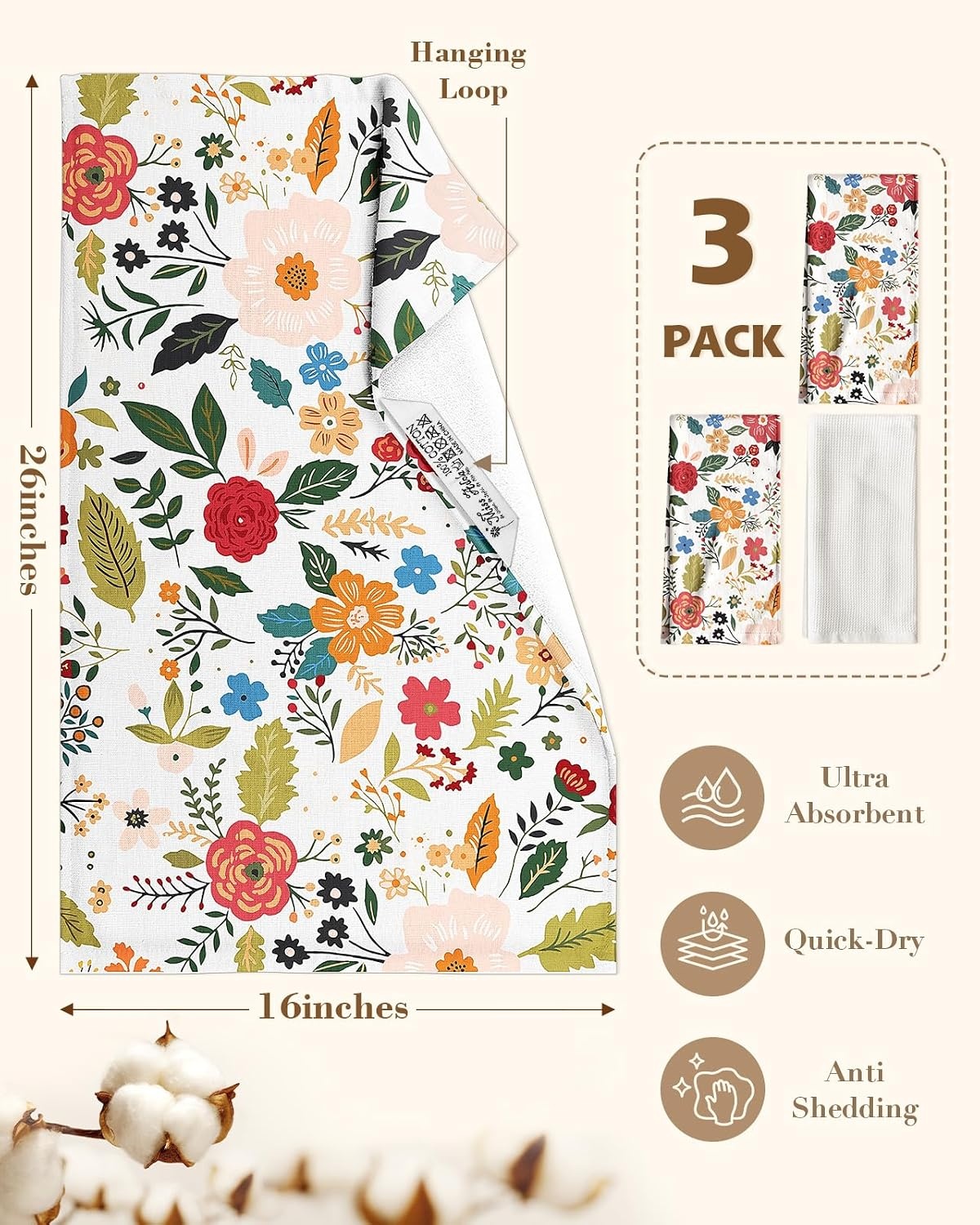 image:imageMiss Adola 4 Pack Cotton Kitchen Towels Cute Design 1626 Inch Dish Towels for Kitchen with Hanging Beige Floral Quick Dry Hand Towels Soft amp Absorbent Home Decorative Terry Cloth Tea TowelsBeige Floral