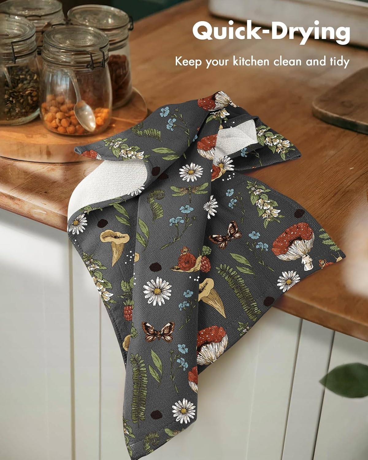 image:imageMiss Adola 4 Pack Cotton Kitchen Towels Cute Design 1626 Inch Dish Towels for Kitchen with Hanging Beige Floral Quick Dry Hand Towels Soft amp Absorbent Home Decorative Terry Cloth Tea TowelsMushroom