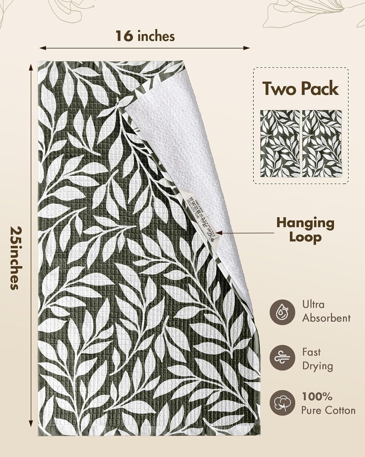 image:imageMiss Adola Cotton Waffle Kitchen Towels Cute 370 GSM 16x25 Inch Terry Cloth Waffle Decorative Dishcloth for Kitchen Set of 2 with Hanging Loop Absorbent Hand Tea Towel for Home Design StrawberryLeaf