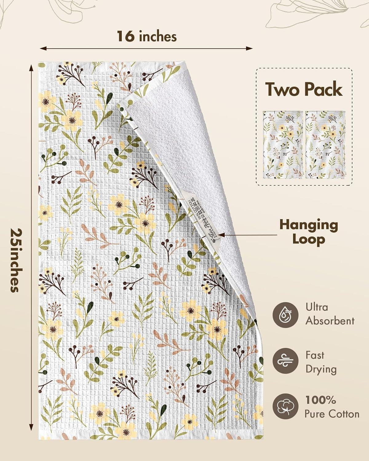 image:imageMiss Adola Cotton Waffle Kitchen Towels Cute 370 GSM 16x25 Inch Terry Cloth Waffle Decorative Dishcloth for Kitchen Set of 2 with Hanging Loop Absorbent Hand Tea Towel for Home Design StrawberryFlower