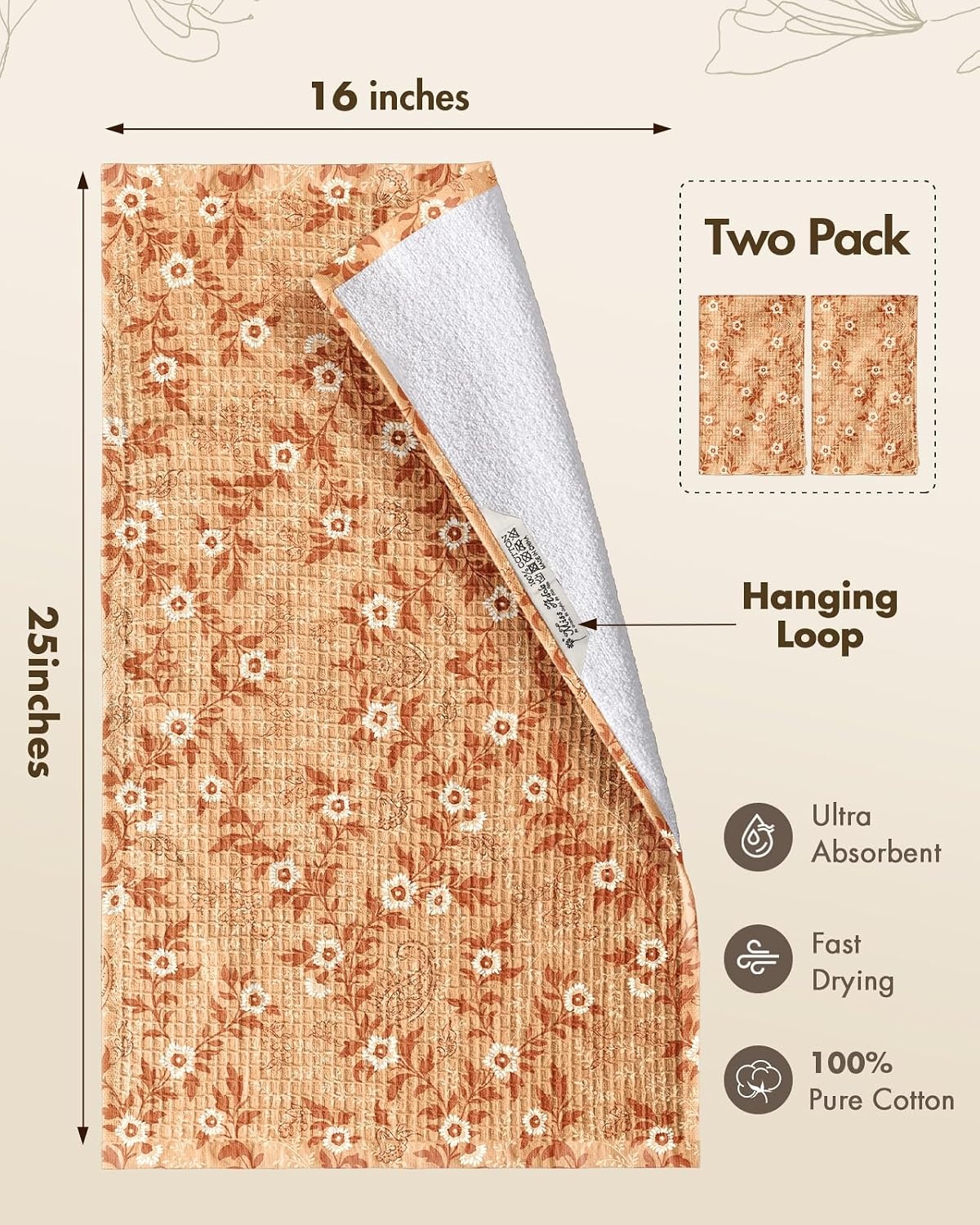 image:imageMiss Adola Cotton Waffle Kitchen Towels Cute 370 GSM 16x25 Inch Terry Cloth Waffle Decorative Dishcloth for Kitchen Set of 2 with Hanging Loop Absorbent Hand Tea Towel for Home Design StrawberryRustic Flower