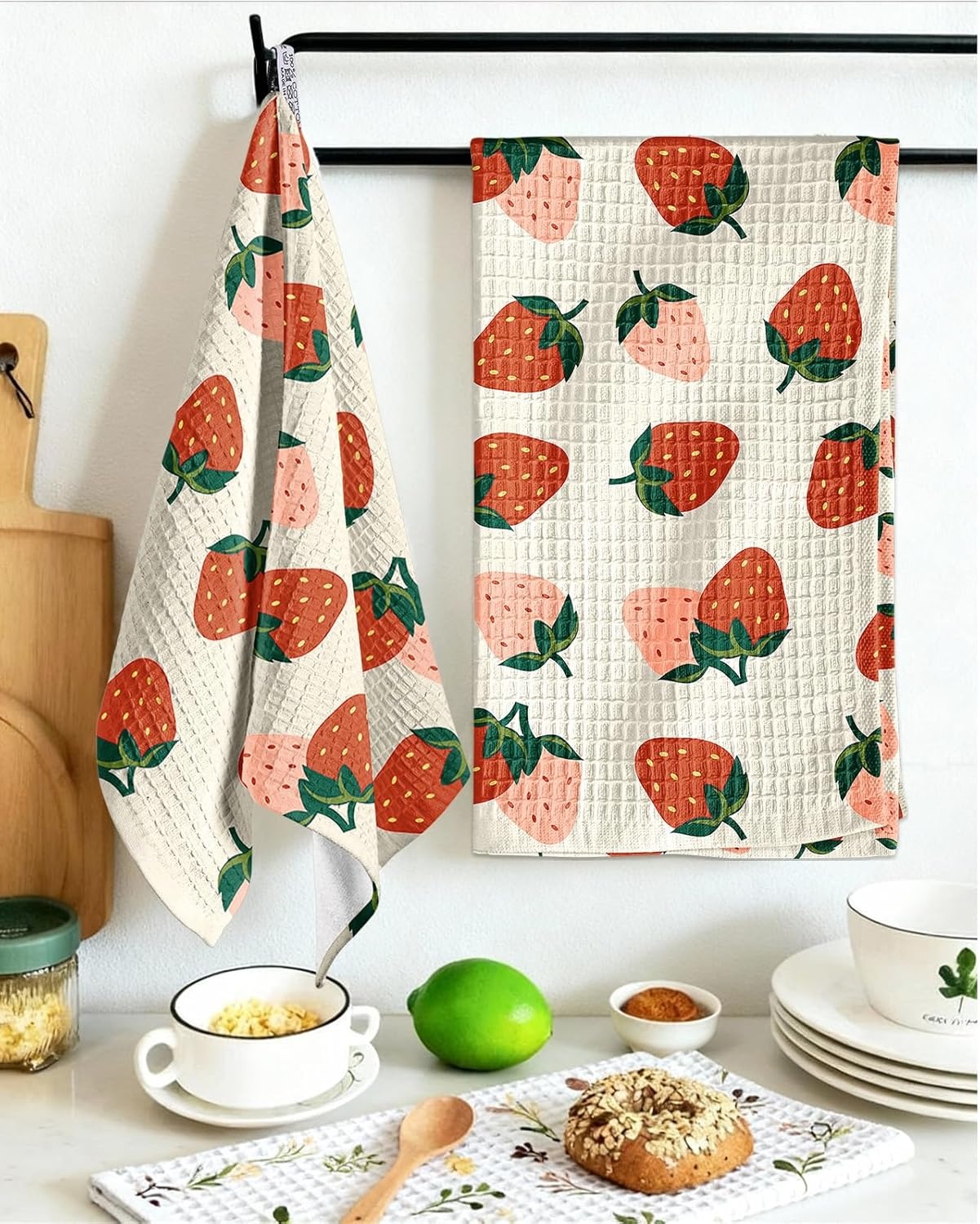 image:imageMiss Adola Cotton Waffle Kitchen Towels Cute 370 GSM 16x25 Inch Terry Cloth Waffle Decorative Dishcloth for Kitchen Set of 2 with Hanging Loop Absorbent Hand Tea Towel for Home Design StrawberryStrawberry