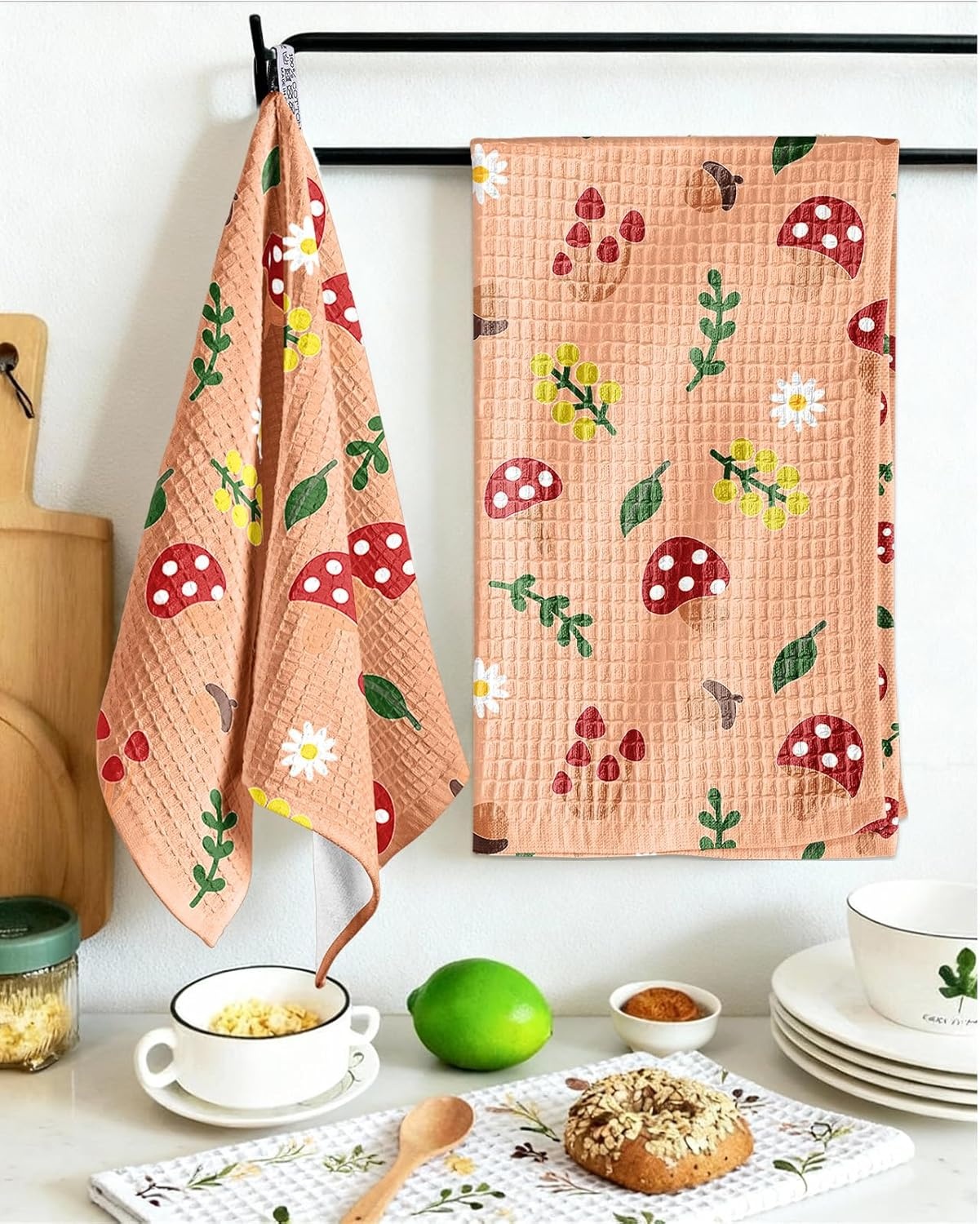 image:imageMiss Adola Cotton Waffle Kitchen Towels Cute 370 GSM 16x25 Inch Terry Cloth Waffle Decorative Dishcloth for Kitchen Set of 2 with Hanging Loop Absorbent Hand Tea Towel for Home Design StrawberryMushroom