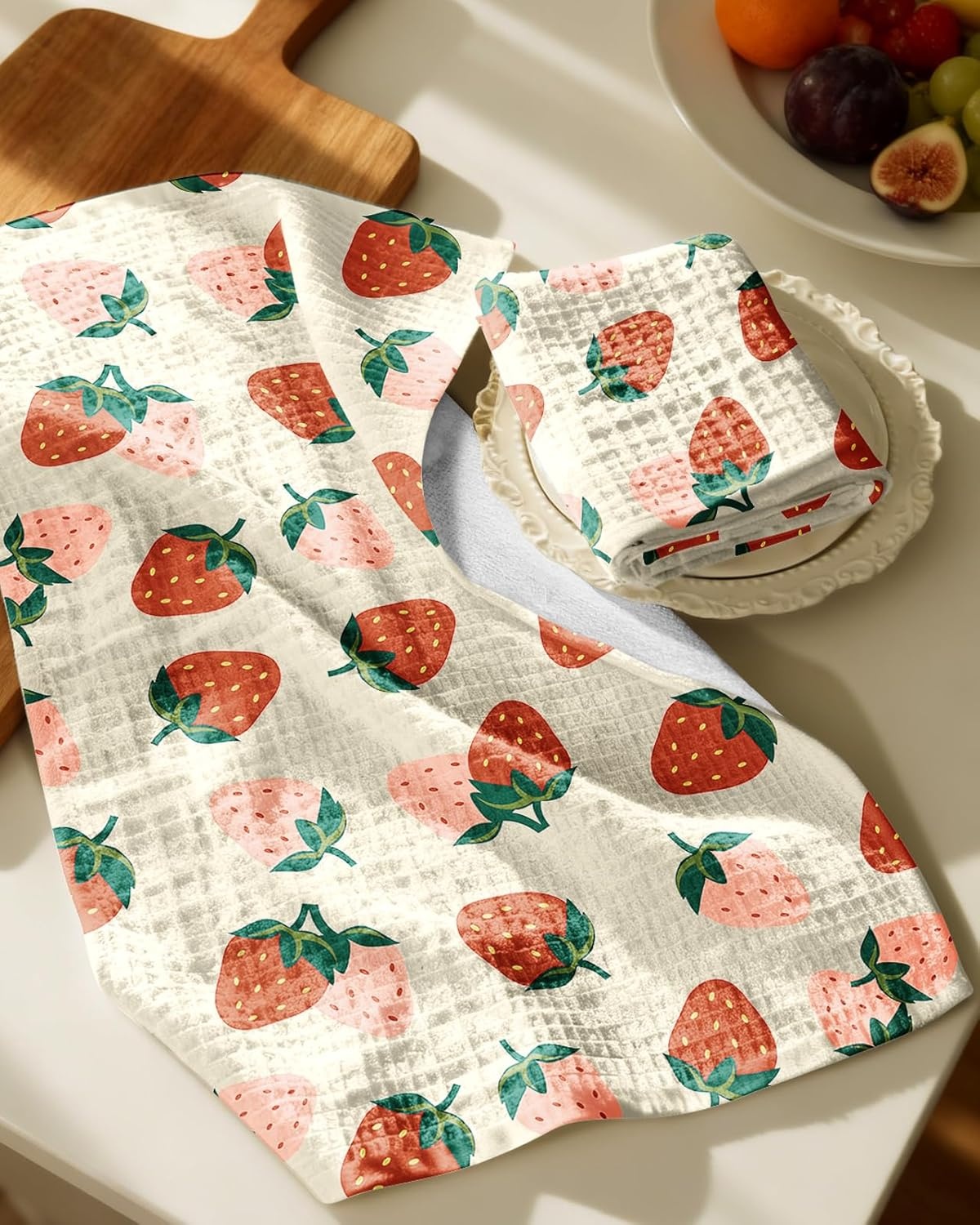 image:imageMiss Adola Cotton Waffle Kitchen Towels Cute 370 GSM 16x25 Inch Terry Cloth Waffle Decorative Dishcloth for Kitchen Set of 2 with Hanging Loop Absorbent Hand Tea Towel for Home Design StrawberryStrawberry